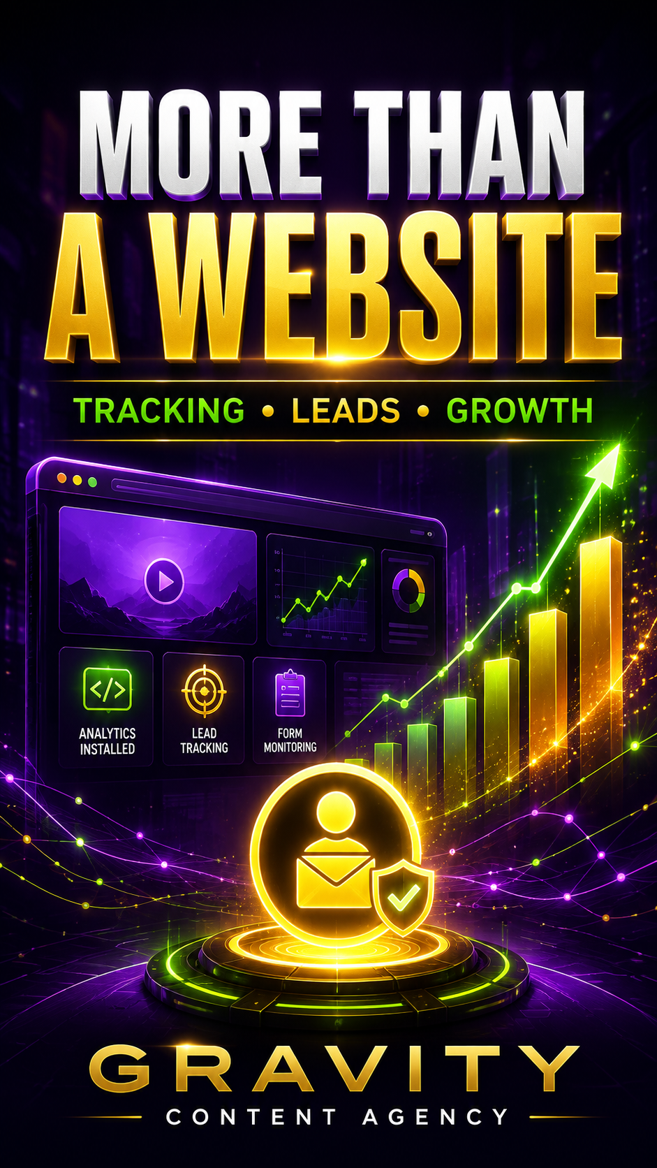 More than a website: tracking, leads and growth dashboard with rising analytics chart
