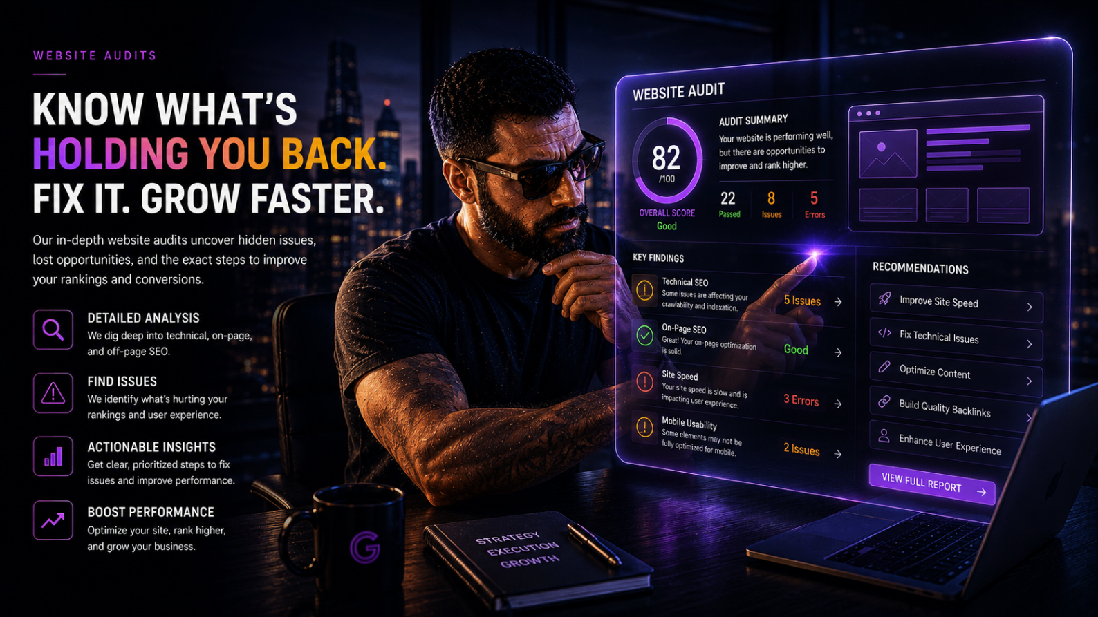 Website audit dashboard showing SEO score, issues and recommendations