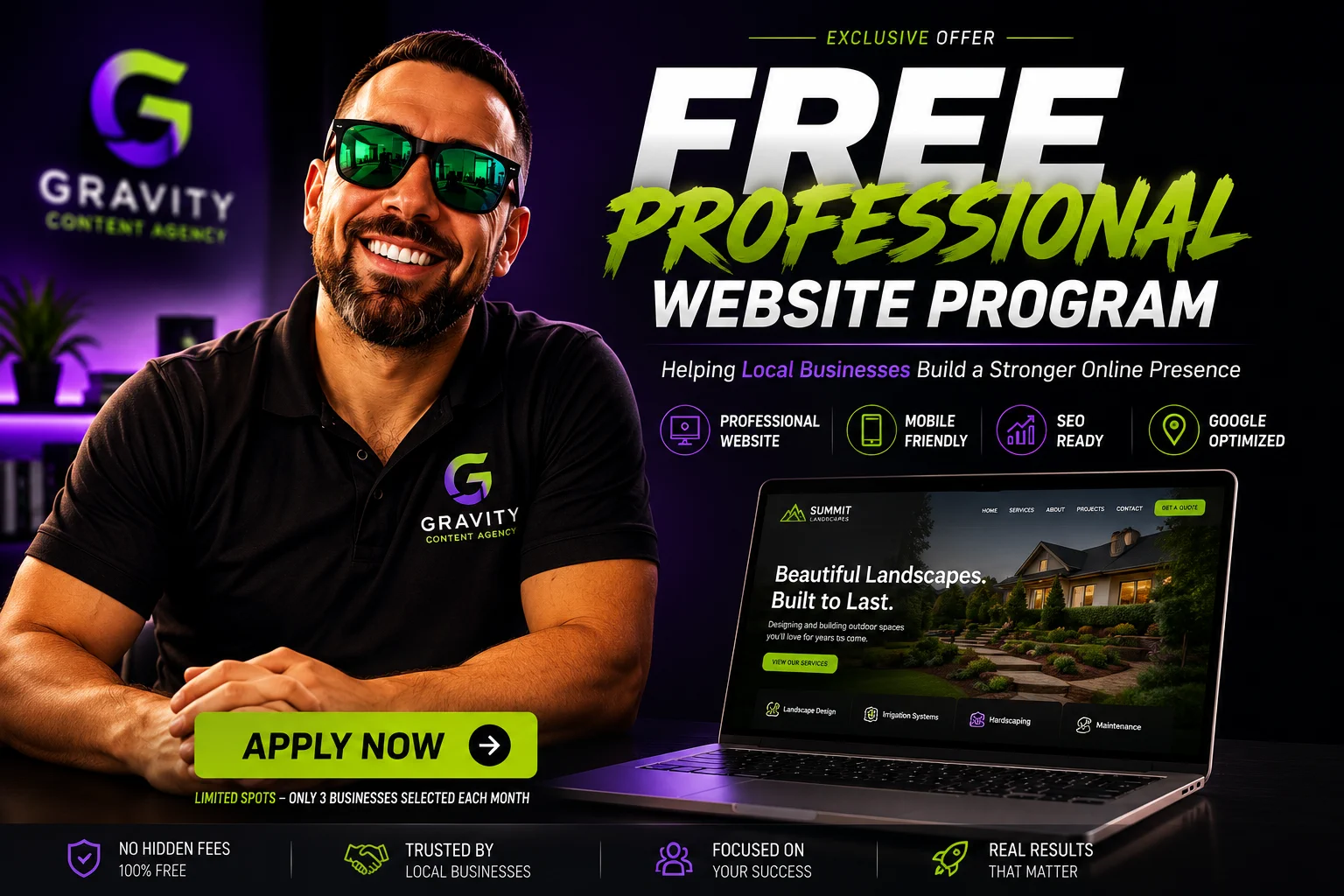 Free Professional Website Program — Gravity Content Agency. Limited spots: only 3 businesses selected each month.