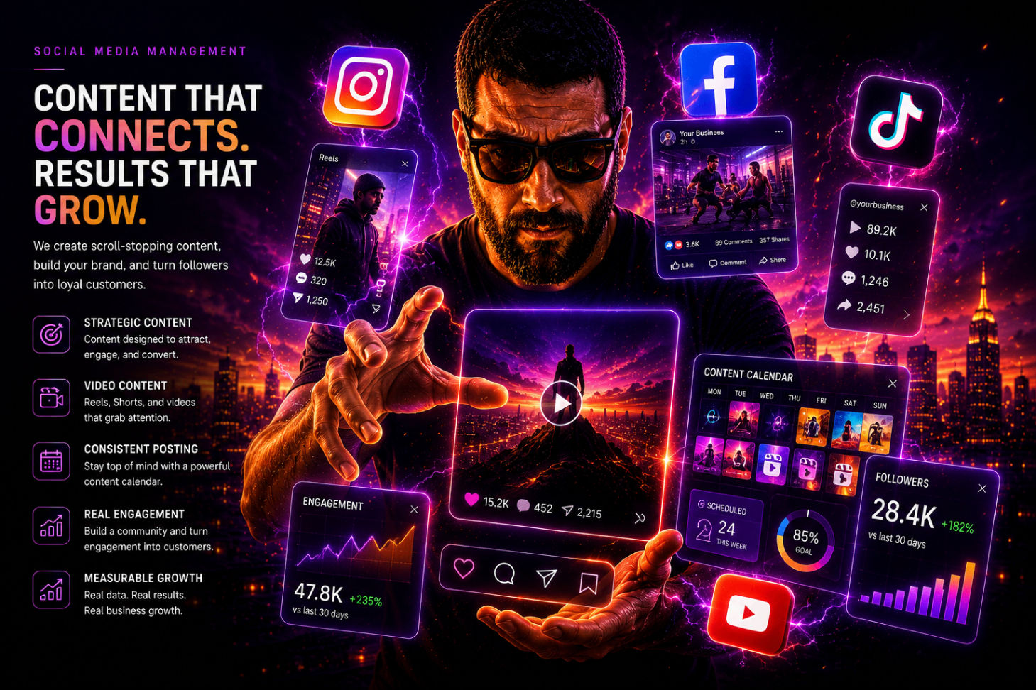 Social media control center with reels, analytics and content calendar