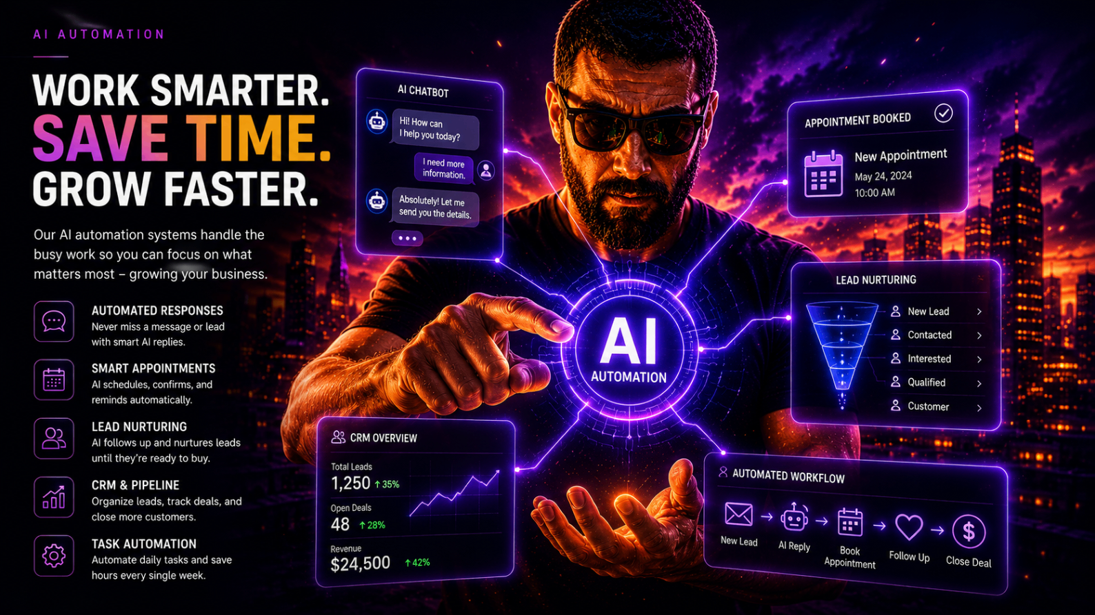 Futuristic AI dashboard with chatbot, appointments, CRM and automated workflow