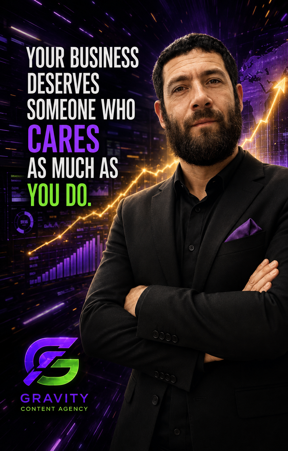Jose Hernandez, founder of Gravity Content Agency, beside the words: your business deserves someone who cares as much as you do