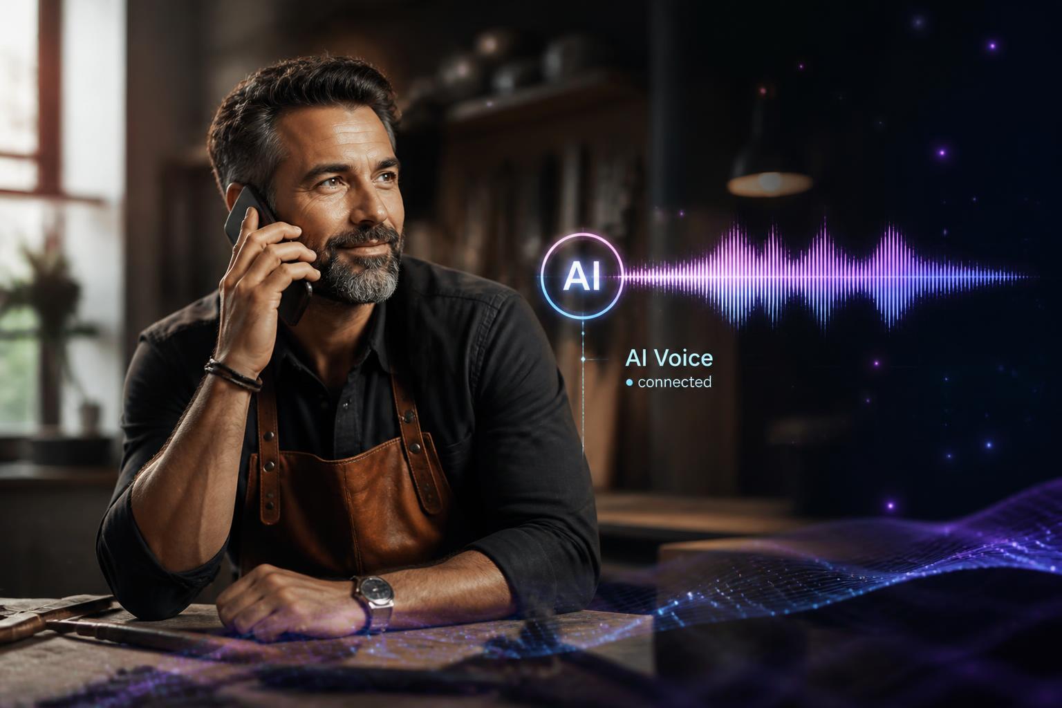 Small business owner answering a customer phone call while an AI voice assistant handles incoming calls