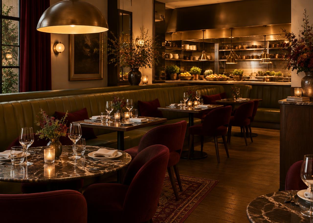 Warm restaurant interior for the Harvest & Hearth concept