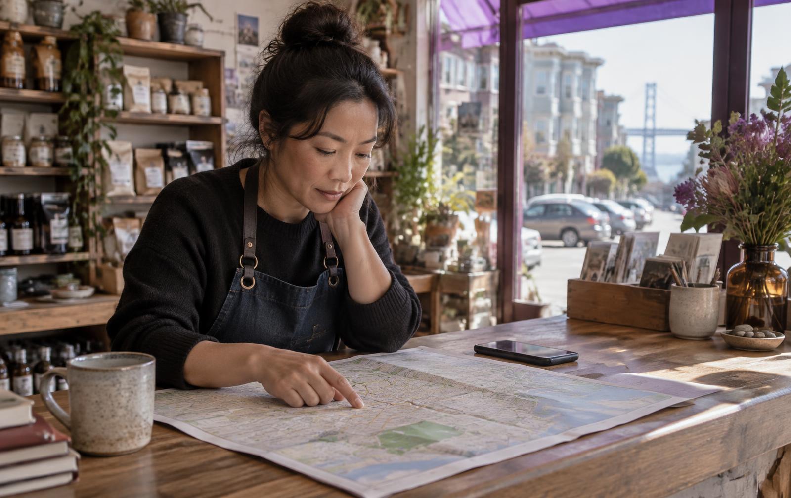 Shop owner reviewing a local search plan on a paper map beside a phone