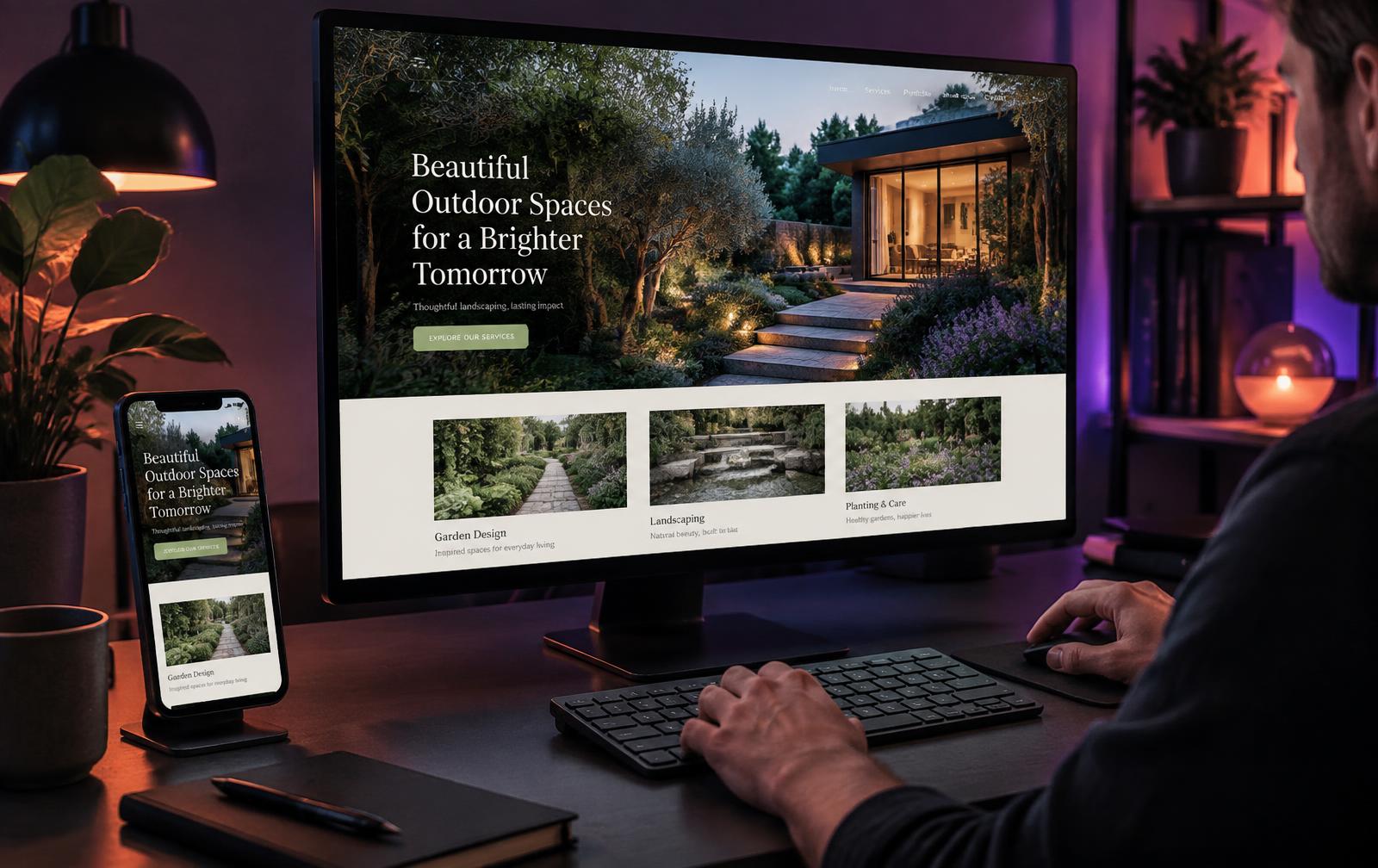 Designer reviewing a finished responsive small-business website on laptop and phone