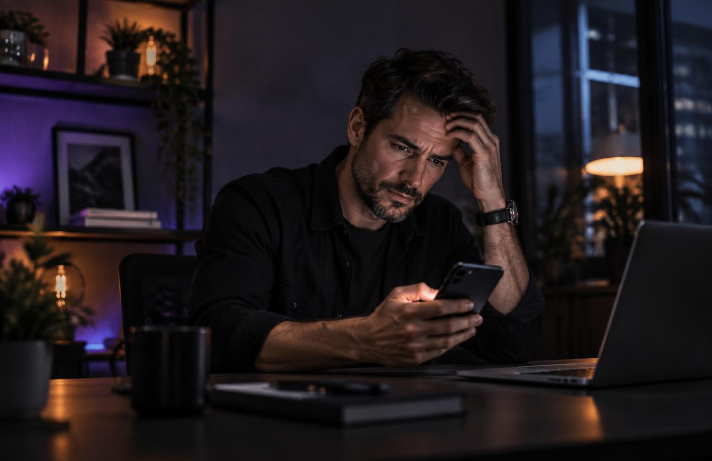 Small business owner reviewing a difficult-to-use website on a phone